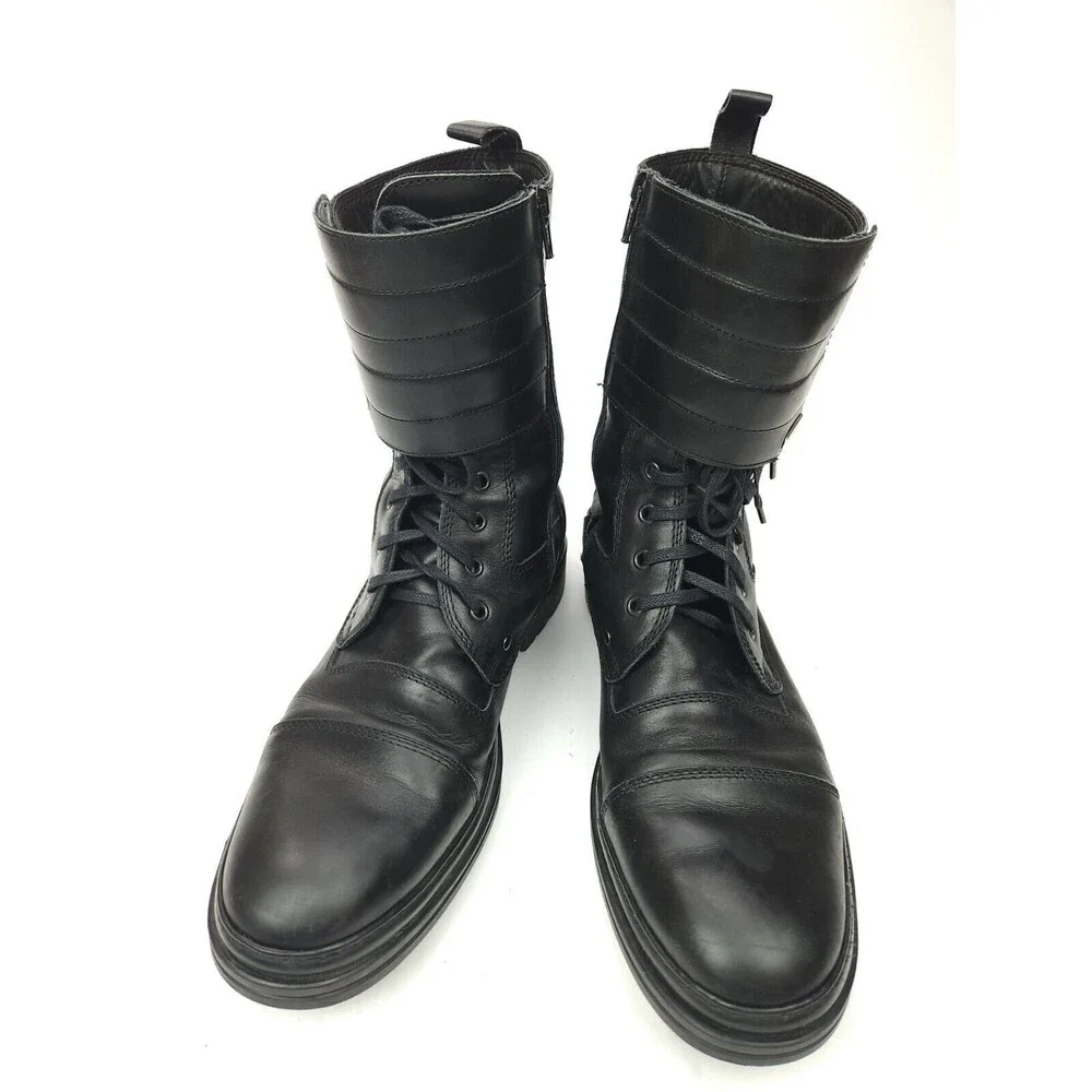 Bruno Magli Combat Motorcycle Black Boots Size 10 Black Leather High Buckle Tie